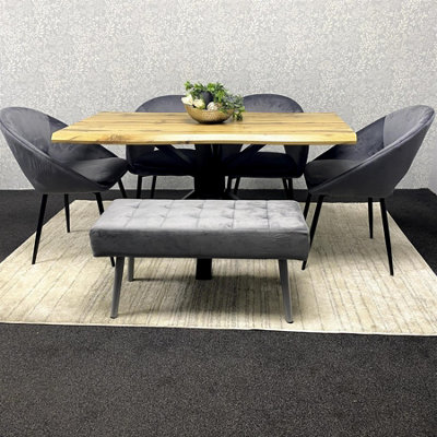 Modern Dining Set with 4 Grey Velvet Chairs and Grey Velvet Bench ...