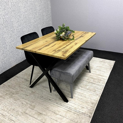 Kosy Koala Modern Dining Table Set With Padded Bench And Black Velvet Chairs from B&Q