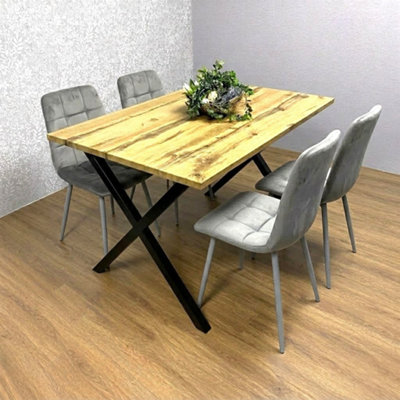 Kosy Koala 4 Seater Dining Set - Grey Velvet & MDF Table - Modern X-Leg Design - Image 5