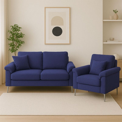 B&Q -  Modern Blue Sofa 2 1 Seater Set Fabric With Chrome FeetComfortable Couch With Cushion For Living RoomBedroom Or Office