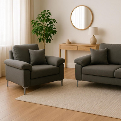 B&Q -  Modern Grey Sofa 2  1 Seater Set Fabric With Chrome FeetComfortable Couch With Cushion For Living RoomBedroom Or Office
