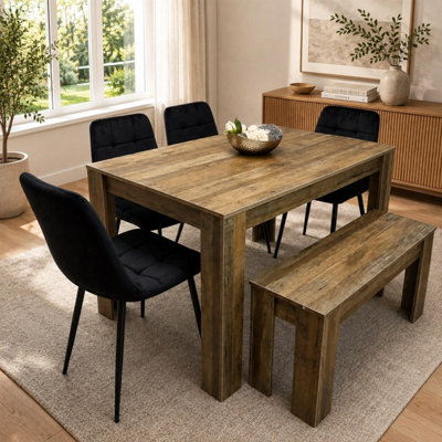 B&Q -  Modern Dining Table With 4 Black Velvet Chairs And Bench Dining Furniture Set