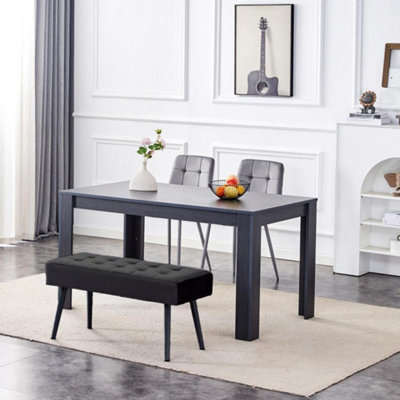 B&Q -  Modern Dark Grey Dining Table Set With 2 Grey Velvet Chairs And 1 Black Bench