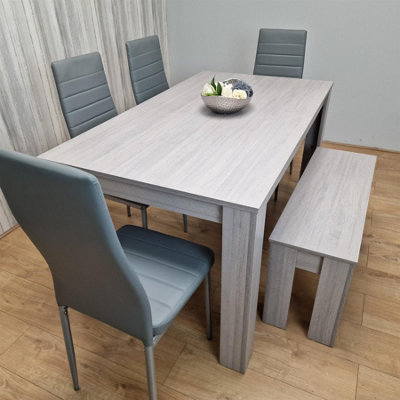 B&Q -  Modern Grey Dining Table Set With 4 Grey Chairs And 1 Bench Dining Room Furniture