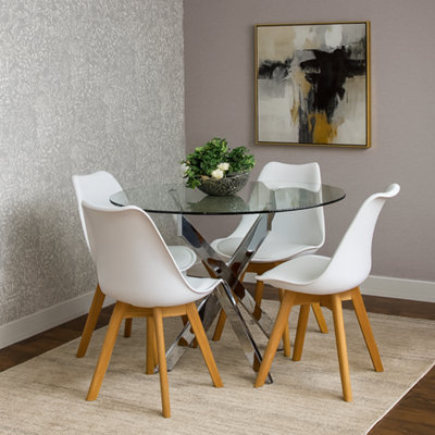 B&Q -  Round Glass Dining Table Set With 4 White Plastic Chairs Dining Room Furniture
