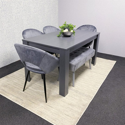 Kosy Koala Dark/Grey Dining Table With Velvet Chairs With Bench Dining Table Set