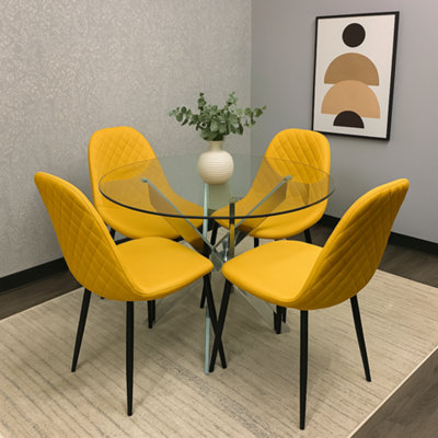 Kosy Koala Round Glass Dining Table With 4 Mustard Leather Chairs