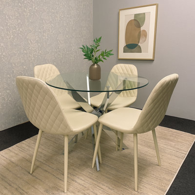 Kosy Koala Modern Round Glass Dining Table Set With 4 Cream Gem Pattern Chairs Dining Room Furniture from B&Q