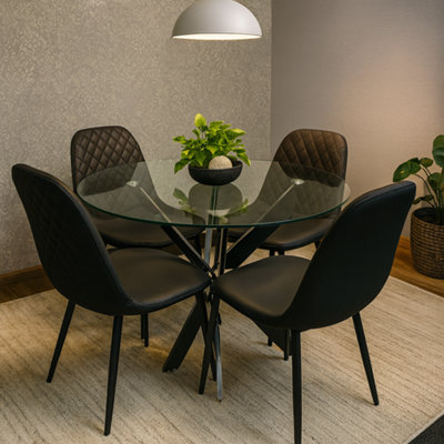 B&Q -  Round Glass Dining Table Set With 4 Black Chairs Dining Room Furniture