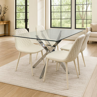 Kosy Koala Round Glass Dining Table With 4 Leather Chairs Dining Room Furniture Cream