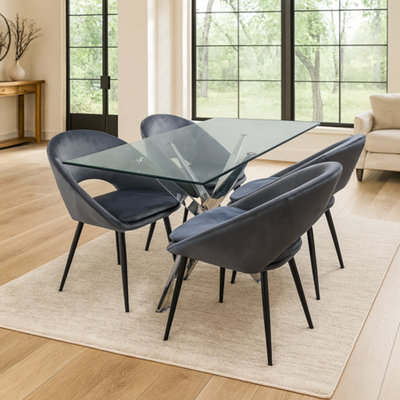 Kosy Koala Grey Rectangular Chrome Glass Table With Stunning Velvet Curved Chairs Size 4