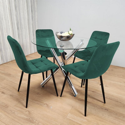 B&Q -  Round Glass Dining Table With 4 Green  Velvet  Chairs Dining Set
