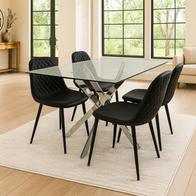 Kosy Koala Black Rectangular Chrome Glass Table With Leather Chairs Size 4