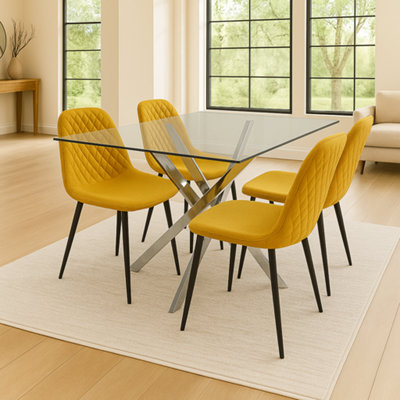 Kosy Koala Rectangular Chrome Glass Table With Mustard Leather Chairs Size 4