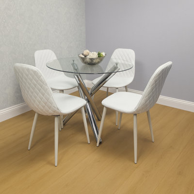 B&Q -  Modern Round Clear Glass Dining Table With 4 White Gem Pattern Chairs Dining Room Furniture