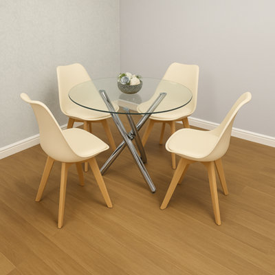 B&Q -  Round Clear Glass Dining Table With Chrome Metal Legs And 4 Cream Leather Plastic ChairsModern Dining Set