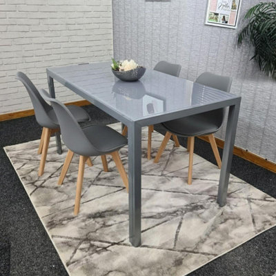 B&Q -  Modern Grey Glass Dining Table Set With 4 Grey Plastic Chairs Kitchen Dining Room Furniture