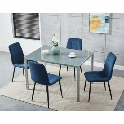 B&Q -  Modern Grey Glass Dining Table Set With 4 Blue Velvet Chairs Dining Room Furniture