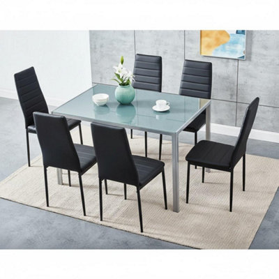 B&Q -  Modern Rectangle Glass Dining Table Set With 6 Black Faux Leather Chairs Dining Room Furniture