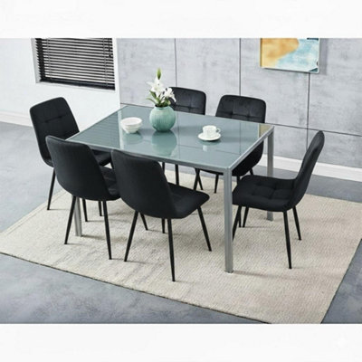 B&Q -  Modern Rectangle Grey Glass Dining Table Set With 6 Black Velvet Chairs Dining Room Furniture
