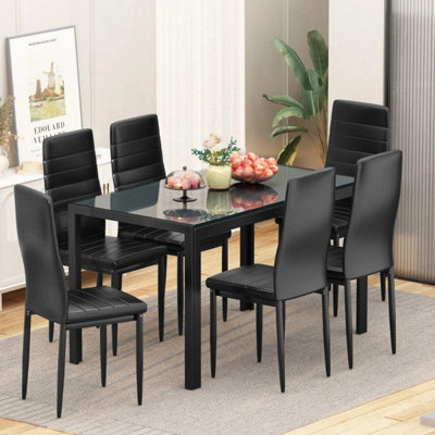 B&Q -  Black Glass Dining Table Set With 6 Black Faux Leather Chairs Kitchen Dining Room Furniture