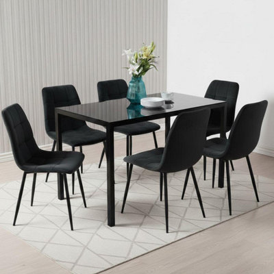 B&Q -  Modern Dining Table Set With 6 Black Tufted Velvet Chairs Dining Room Furniture