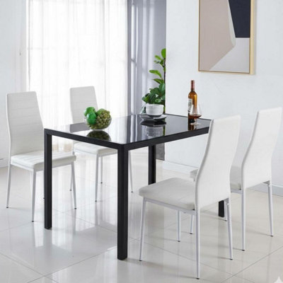 B&Q -  Modern Black Glass Dining Table Set With 4 White Chairs Kitchen Dining Room Furniture