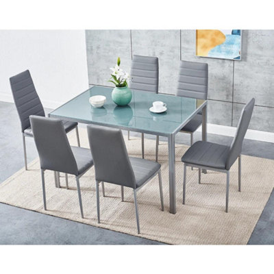 Kosy Koala Modern Rectangle Glass Dining Table Set With 6 Grey Faux Leather Chairs Dining Room Furniture from B&Q