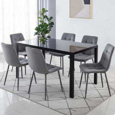 B&Q -  Modern Black Glass Dining Table Set With 6 Grey Velvet Chairs Dining Room Furniture