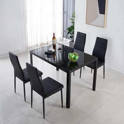 B&Q -  Black Glass Rectangle Dining Table Set With 4 Black Metal Chairs Modern Dining Room Furniture