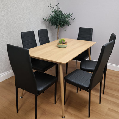 B&Q -  Modern Rectangle Wood Effect Dining Table Set With 6 Black Faux Leather Chairs Dining Room Furniture
