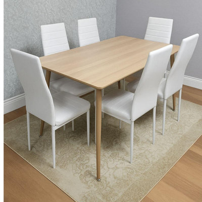 B&Q -  Modern Dining Table Set With 6 White Faux Leather Chairs Dining Kitchen Furniture Set