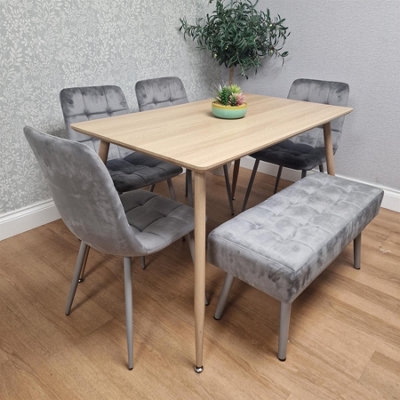 B&Q -  Dining Table Set With 4 Grey Velvet Chairs And 1 Grey Velvet Bench Dining Room Furniture