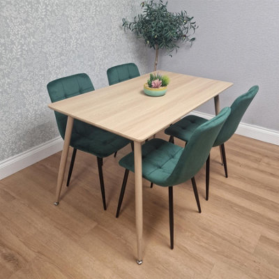 B&Q -  Wooden Dining Table Set With 4 Green Velvet Chairs Kitchen Dining Furniture Set