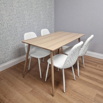 B&Q -  Wood Dining Table Set With 4 White Faux Leather Gem Pattern Chairs Kitchen Dining Furniture