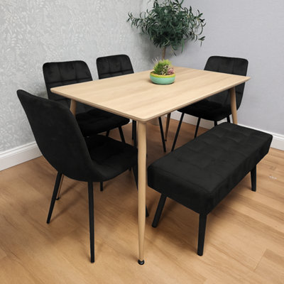 B&Q -  Dining Table Set With 4 Black Velvet Chairs And 1 Black Velvet Bench Dining Room Furniture