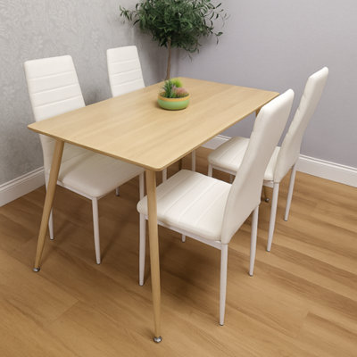 B&Q -  Modern Rectangle Wood Effect Dining Table Set With 4 White Faux Leather Chairs Dining Room Furniture
