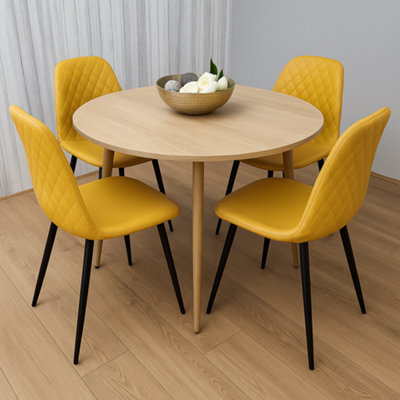 B&Q -  Modern Round Dining Table Set With 4 Mustard Faux Leather Chairs Dining Room Furniture