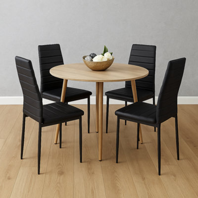 B&Q -  Modern Round Dining Table With 4 Black Faux Leather Chairs Kitchen Furniture Set