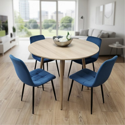 B&Q -  Modern Round Dining Table Set With 4 Blue Velvet Chairs Dining Room Furniture
