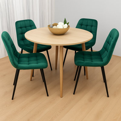B&Q -  Modern Round Dining Table Set With 4 Green Velvet Chairs Dining Room Furniture