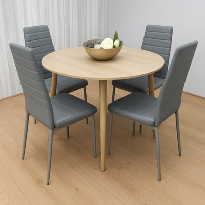 B&Q -  Modern Round Dining Table With 4 Grey Faux Leather Chairs Kitchen Furniture Set