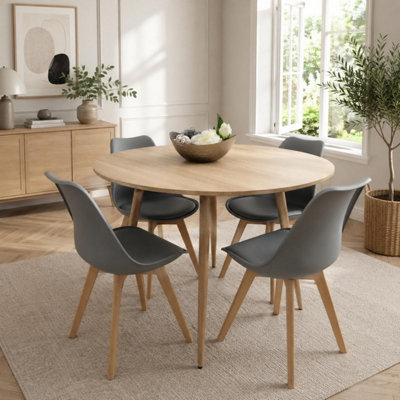 B&Q -  Modern Round Dining Table Set With 4 Grey Plastic Chairs Dining Room Furniture