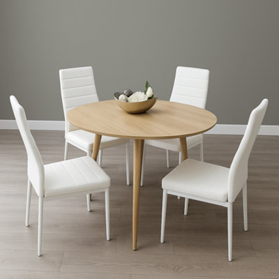 B&Q -  Modern Round Dining Table Set With 4 White Faux Leather Chairs Dining Room Furniture