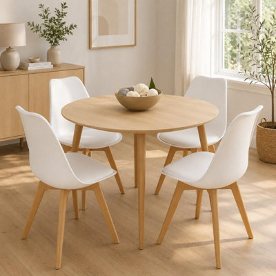 B&Q -  Modern Round Dining Table Set With 4 White Plastic Chairs Dining Room Furniture