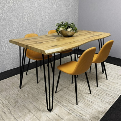 B&Q -  Dining Table Set With 4 Mustard Gem Pattern Chairs Modern Kitchen Dining Room Furniture