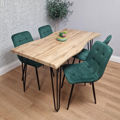 B&Q -  Dining Table Set With 4 Green Velvet Chairs Modern Kitchen Dining Room Furniture