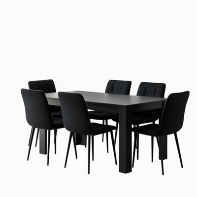 B&Q -  Dark Grey Dining Table Set With 6 Black Tufted Velvet Chairs Dining Room Furniture