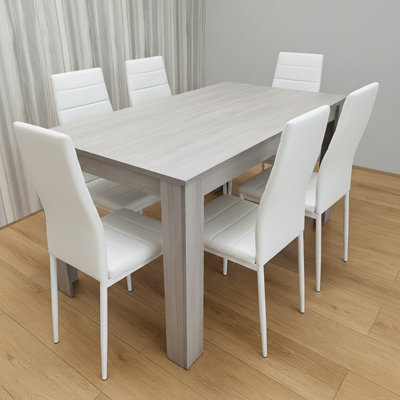 B&Q -  Dining Table Set With 6 White Faux Leather Chairs Dining Furniture Set