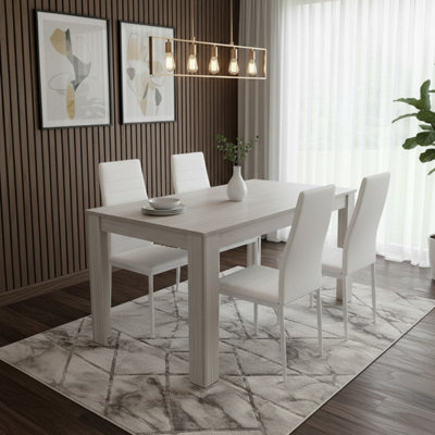B&Q -  Dining Table With 4 Chairs Modern Kitchen Dining Table And 4 White Faux Leather Dining Chairs
